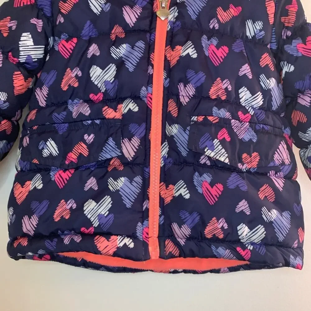 OSHKOSH B’GOSH Girl’s Navy Puffer Coat with Hearts & Fleece Lining / Size: 3T